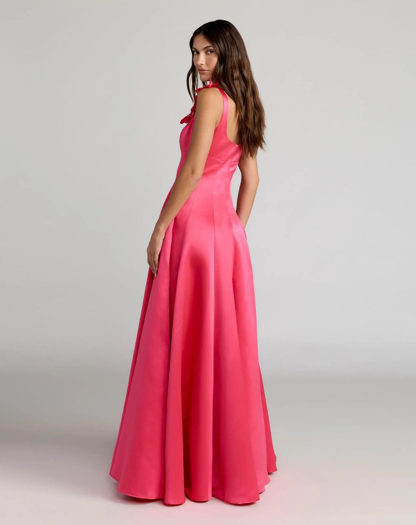 Pink Sleeveless Satin Ball Gown With 3D Flower Straps