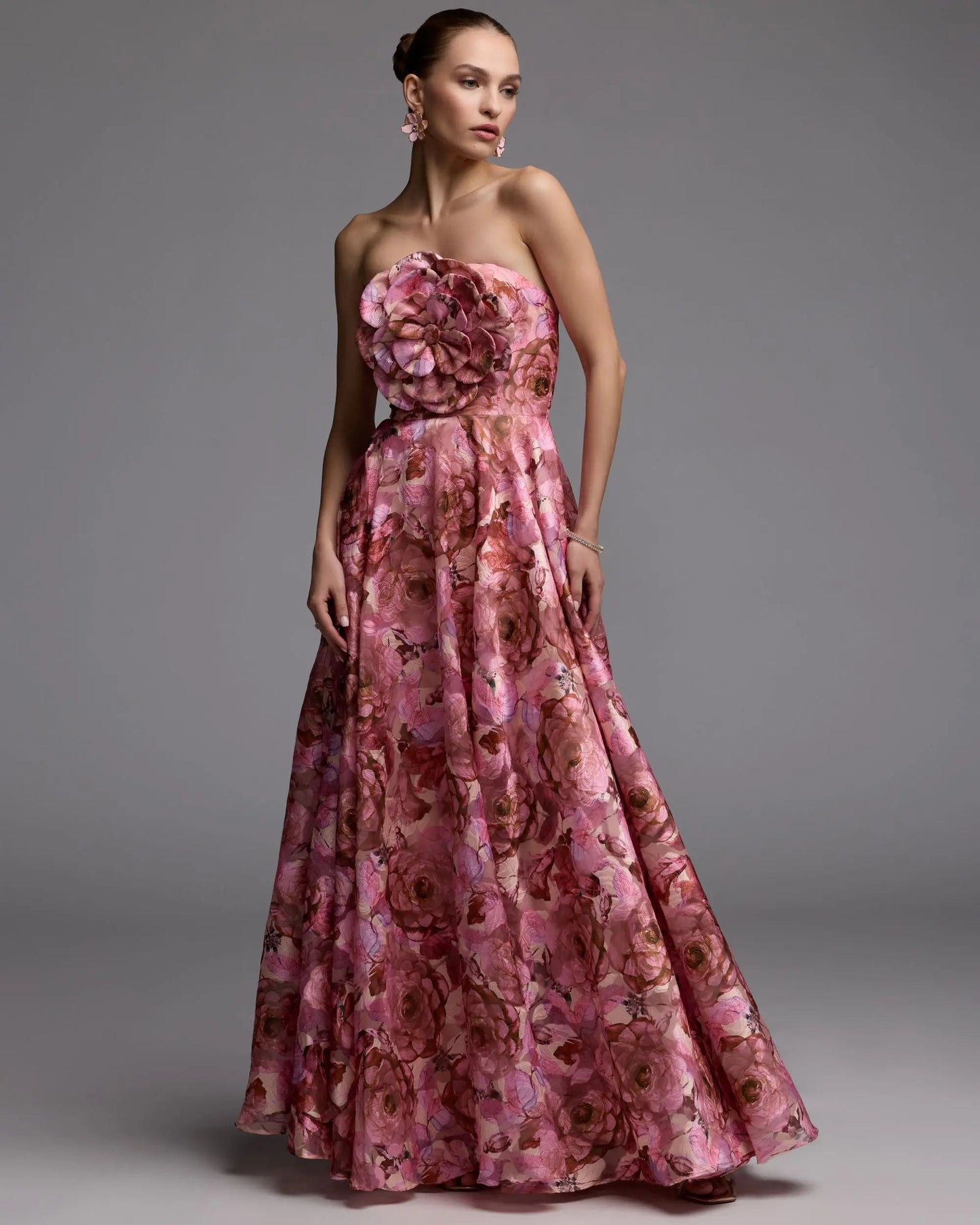 Pink Strapless Floral Printed A-Line Gown With 3D Flower