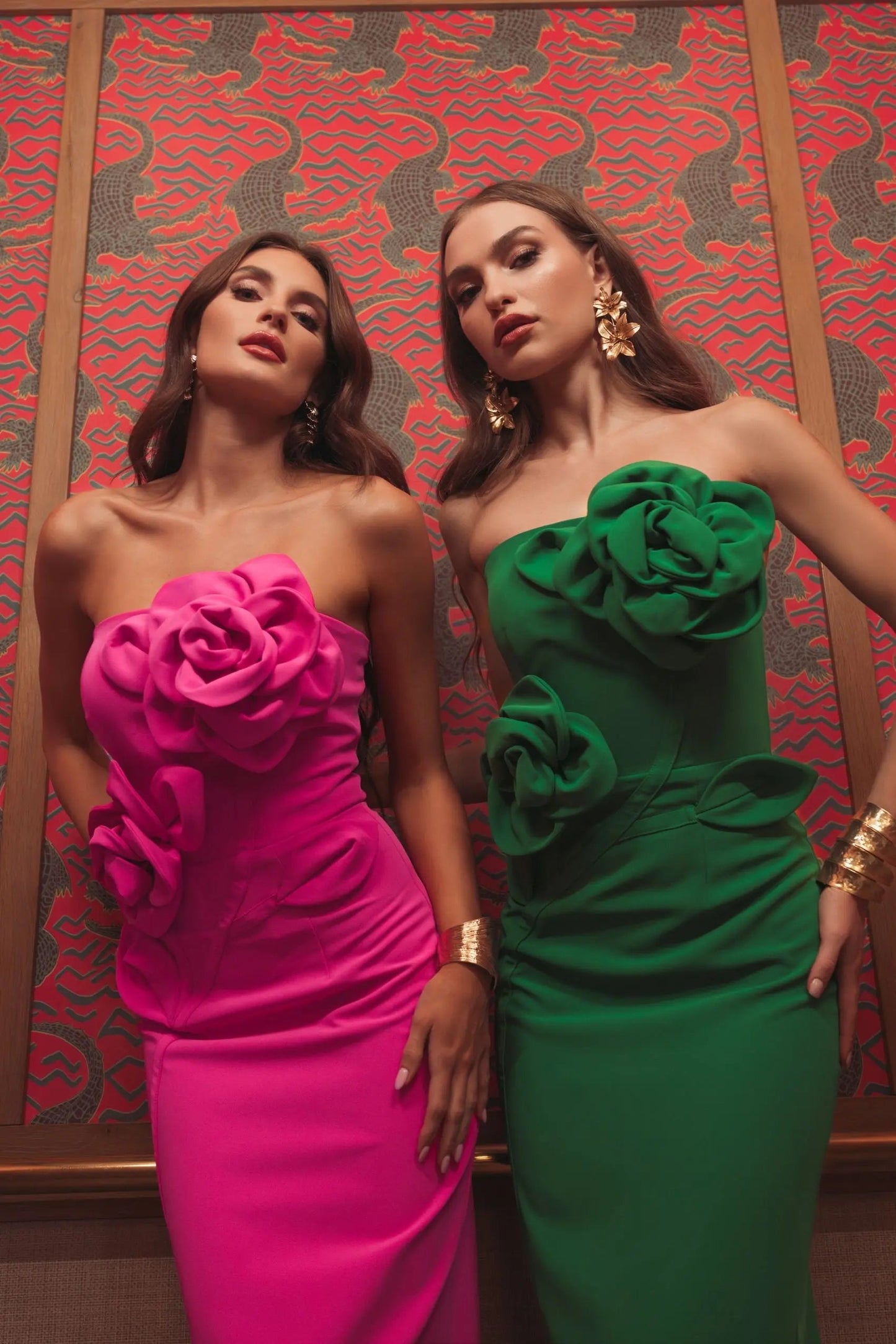 Pink Strapless Crepe Dress With 3D Flower Detail