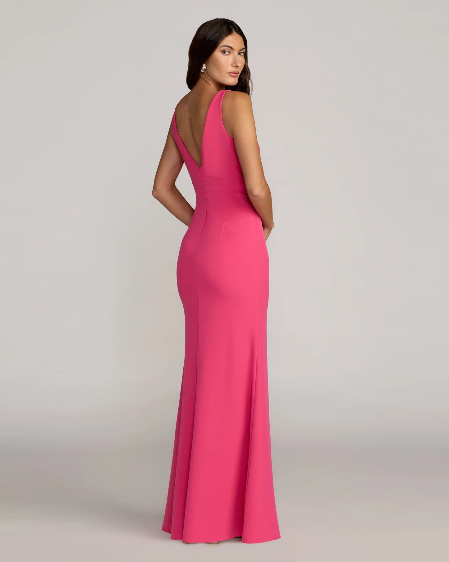 Pink Crepe V-Neck Mermaid Gown with Bow