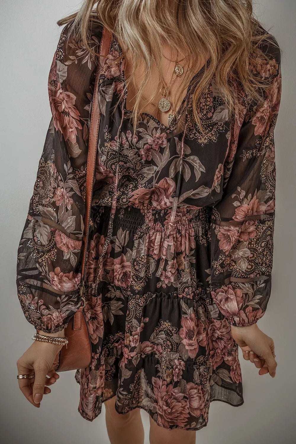 Hazel Blues® | Floral Print Tie Neck Mini Dress