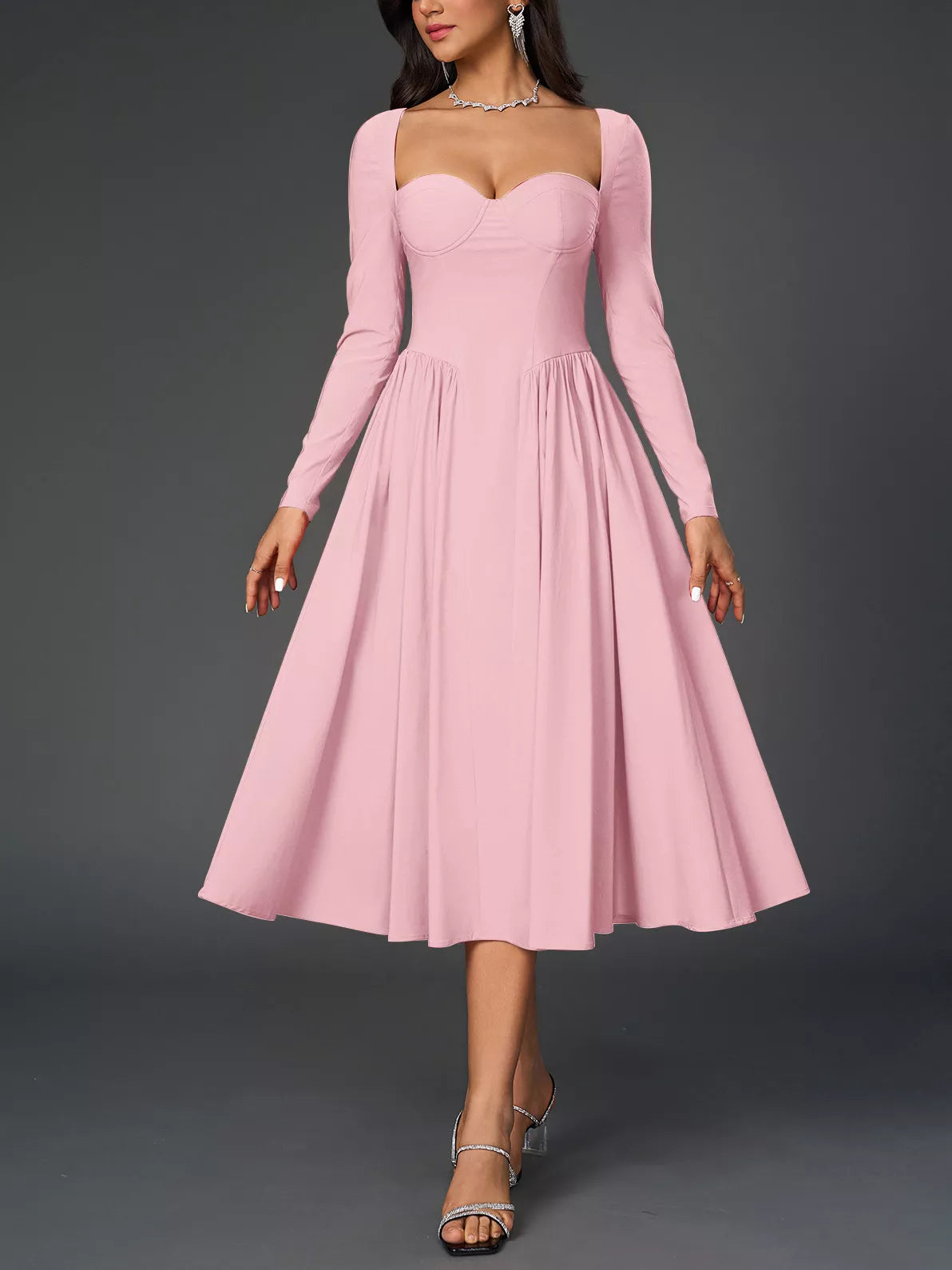 Hazel Blues® | Sweetheart Neckline Long Sleeve A-Line Midi Dress