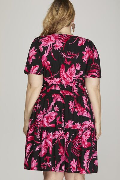Hazel Blues® | She + Sky Printed Notched Short Sleeve Frill Tiered Dress