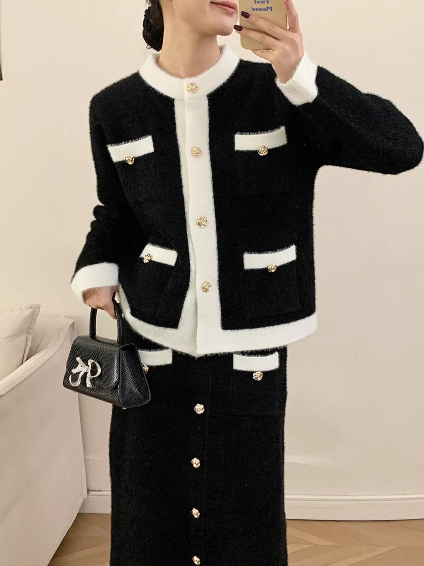Hazel Blues® | Contrast Trim Jacket and Skirts Sweater Set