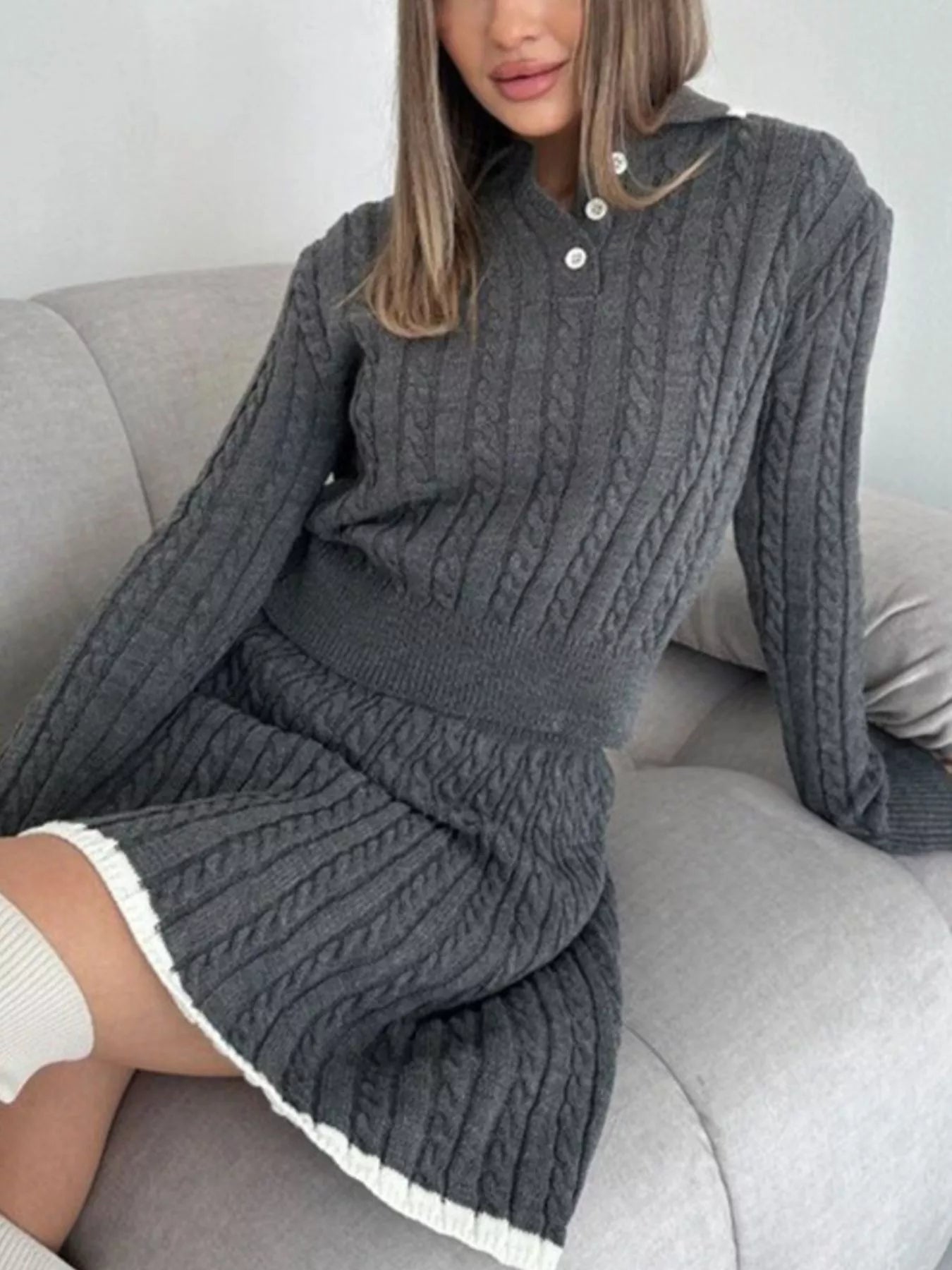Hazel Blues® | Cable Knit Long Sleeve Top and Skirt Sweater Set