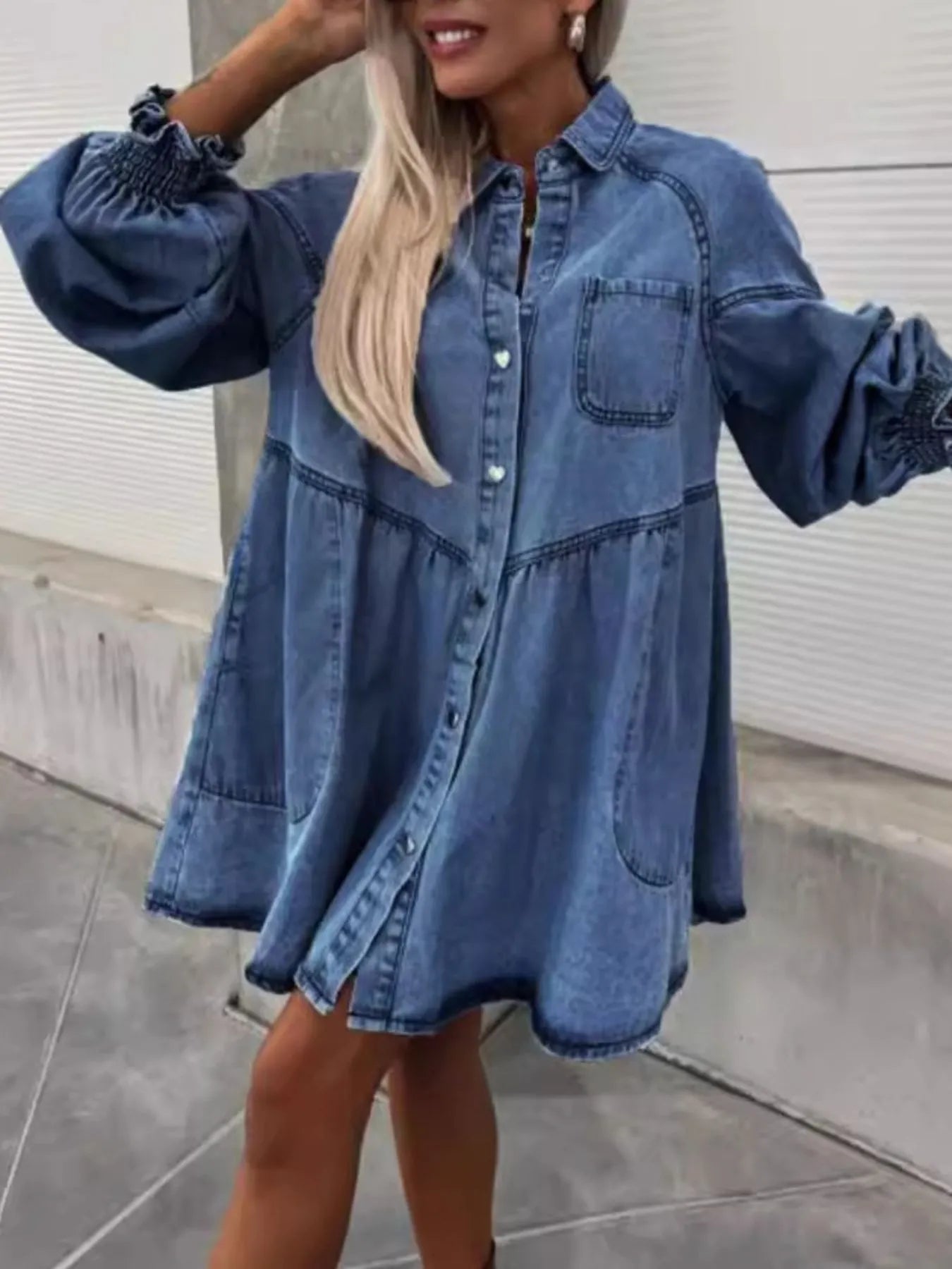 Hazel Blues® | Oversized Long Sleeve Button-Up Denim Dress