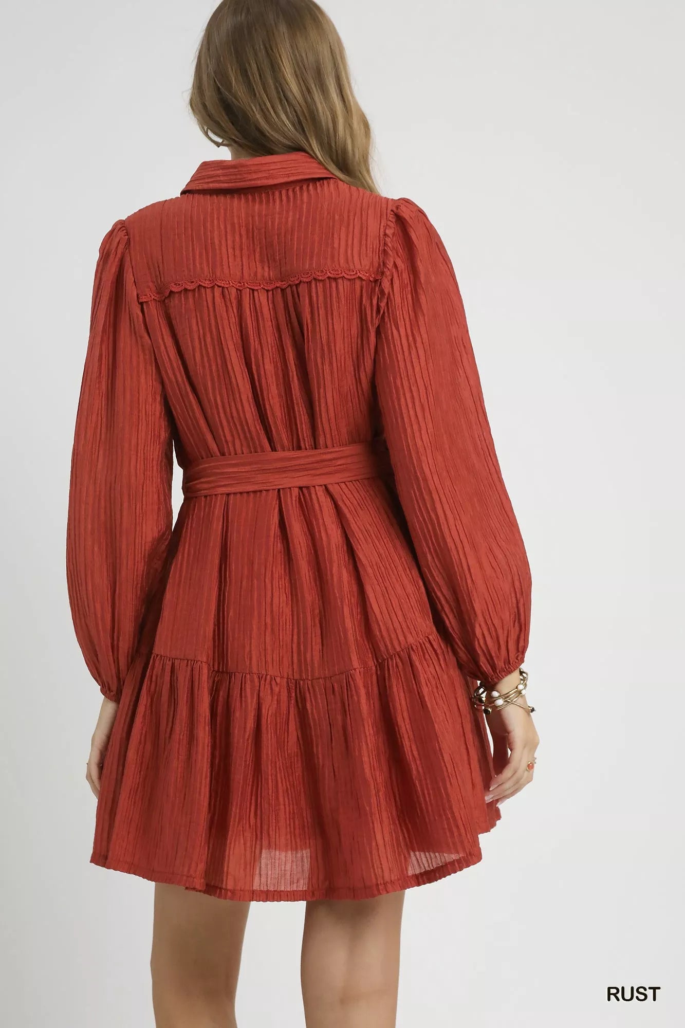 Hazel Blues® | Umgee Crinkle Button-Front Tiered Mini Dress with Waist Tie