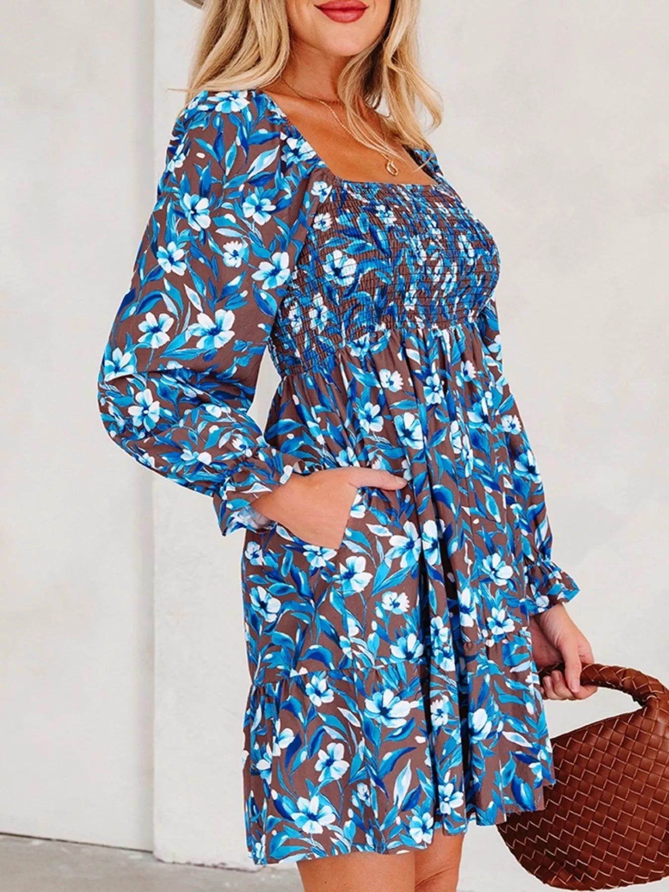 Hazel Blues® | Smocked Bodice High Waist Ruffled Sleeve Floral Dress