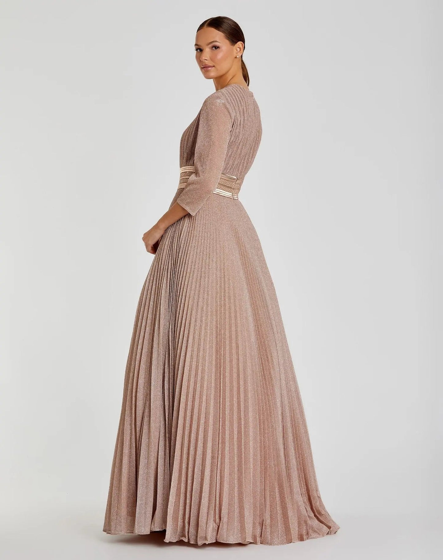 Pink Shimmering Pleated 3/4 Sleeve Ball Gown