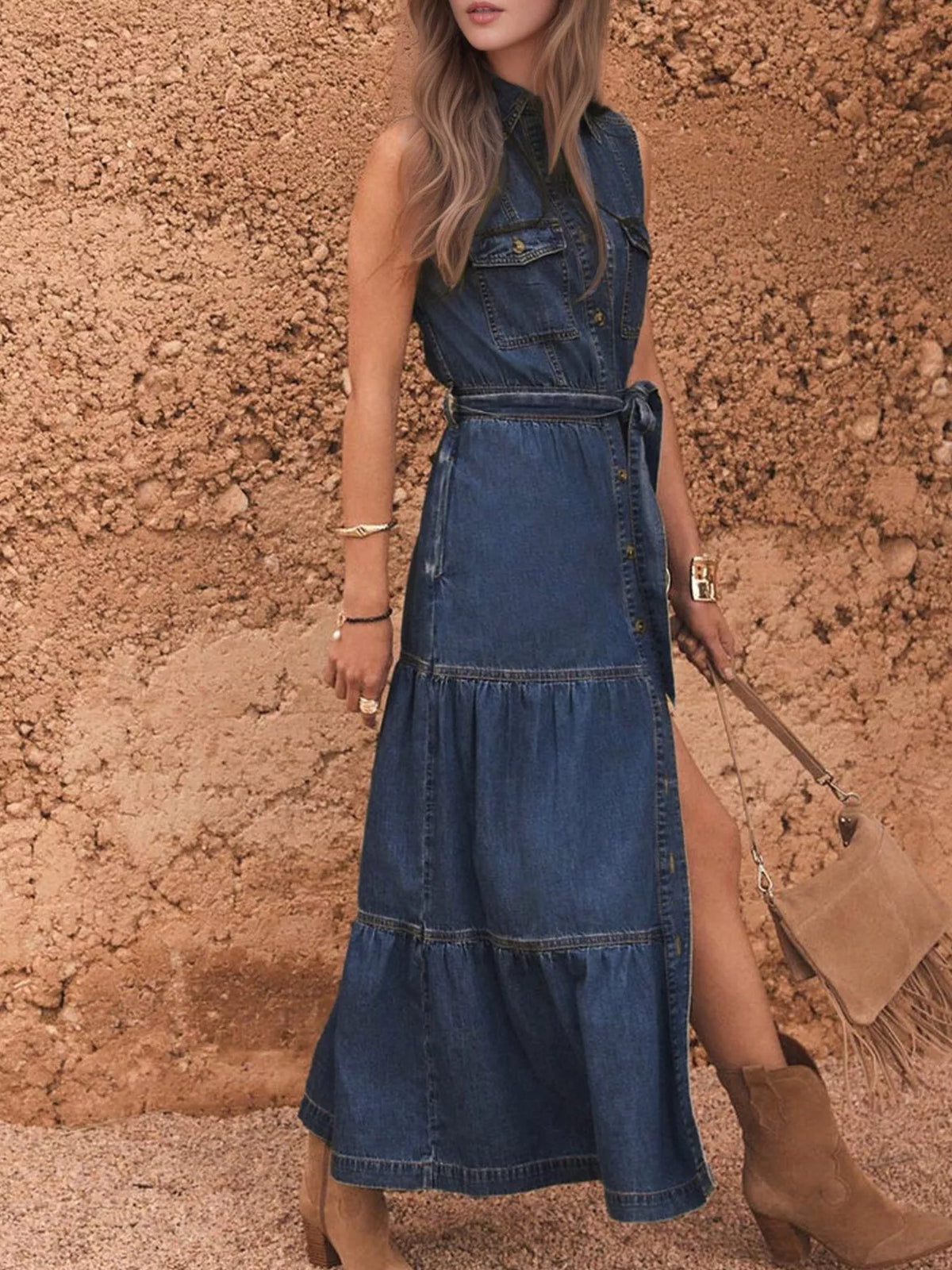 Hazel Blues® | Button Front Sleeveless Denim Dress