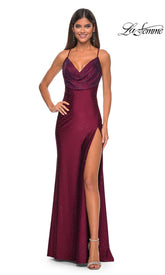 La Femme Shimmer Jersey Cowl-Neck Prom Dress 31221