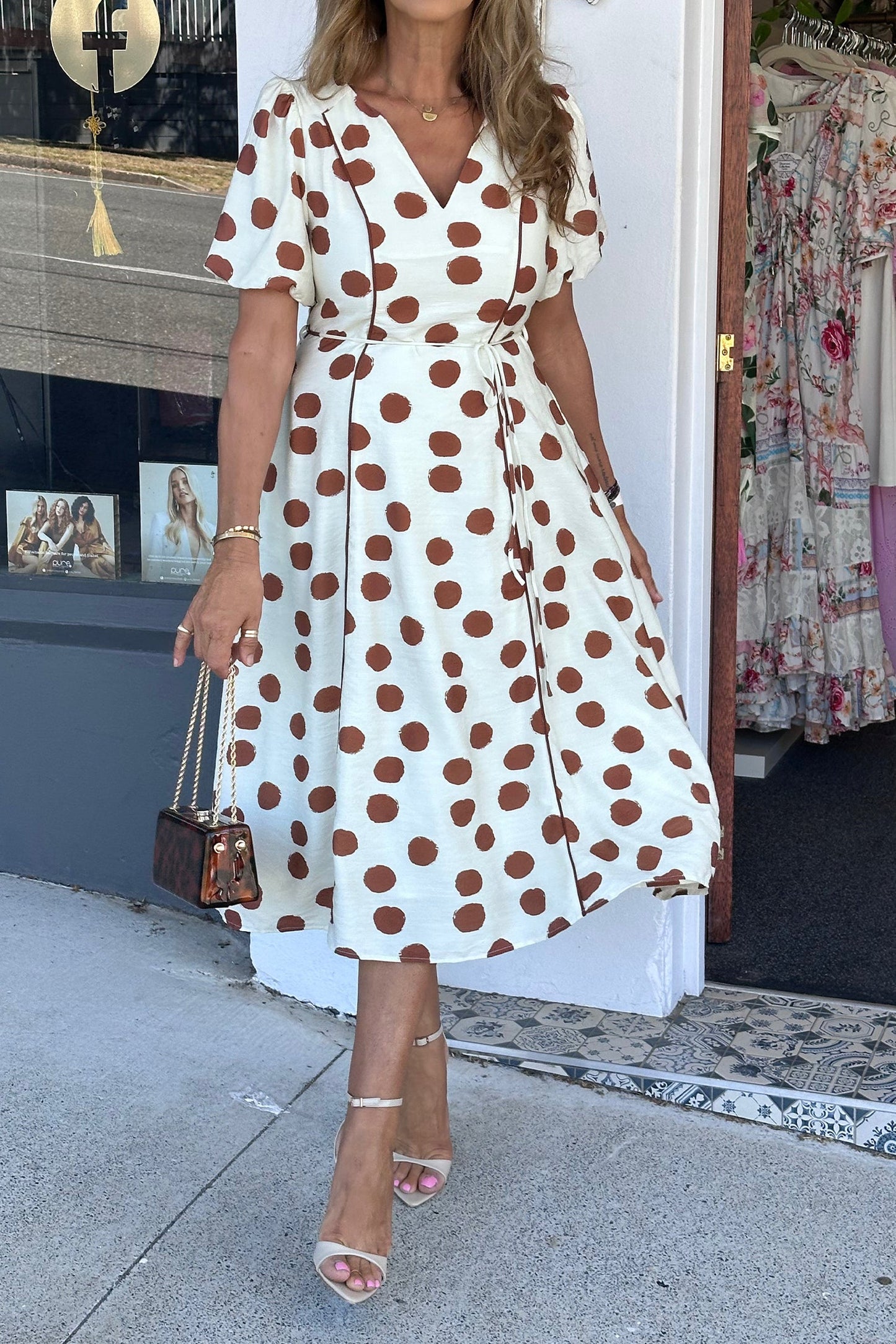 Hazel Blues® | White Polka Dot Printed V Neck Short Sleeve Tie Waist Midi Dress