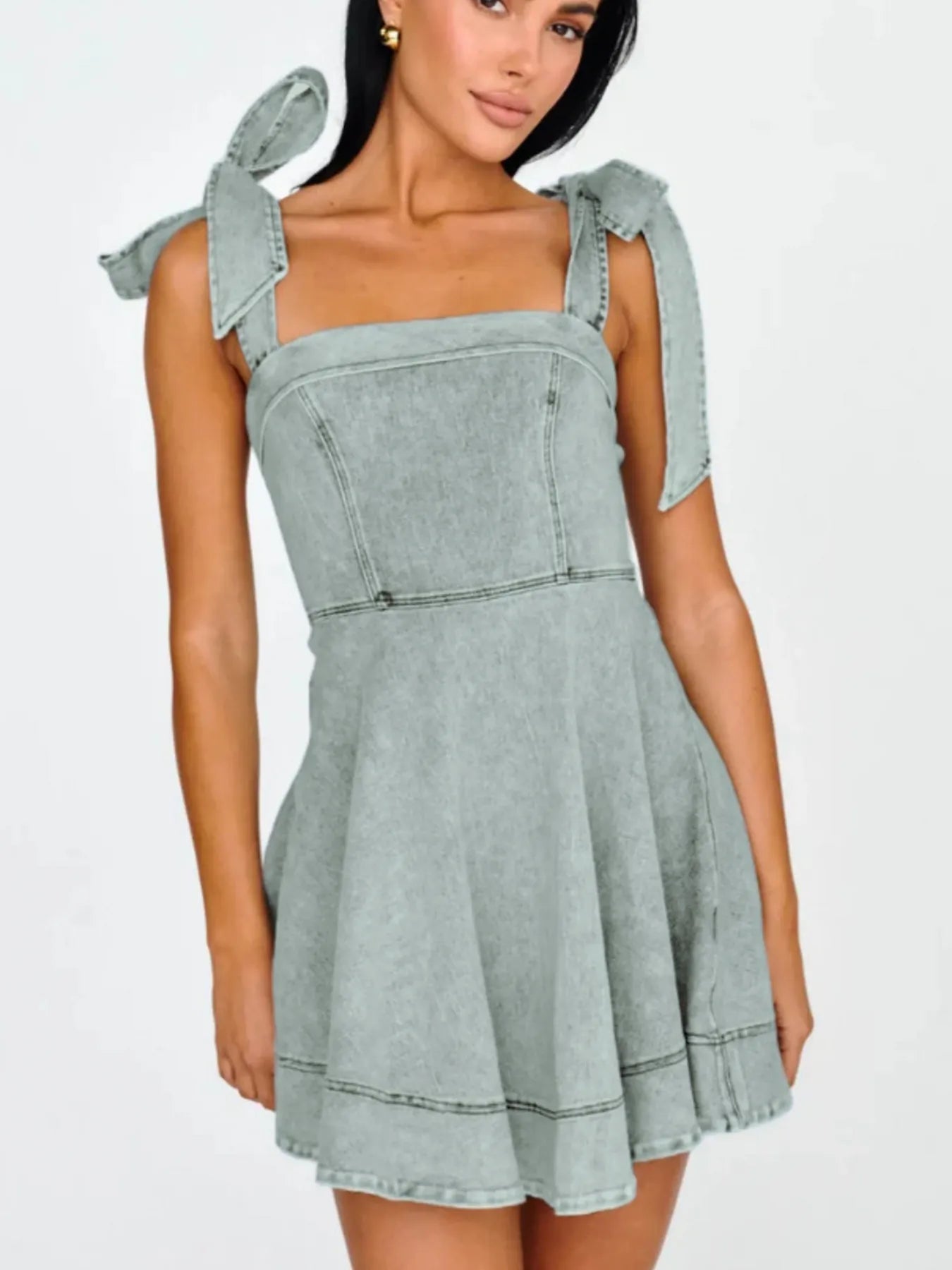 Hazel Blues® | Bow-Shoulder Square Neck Denim Mini Dress