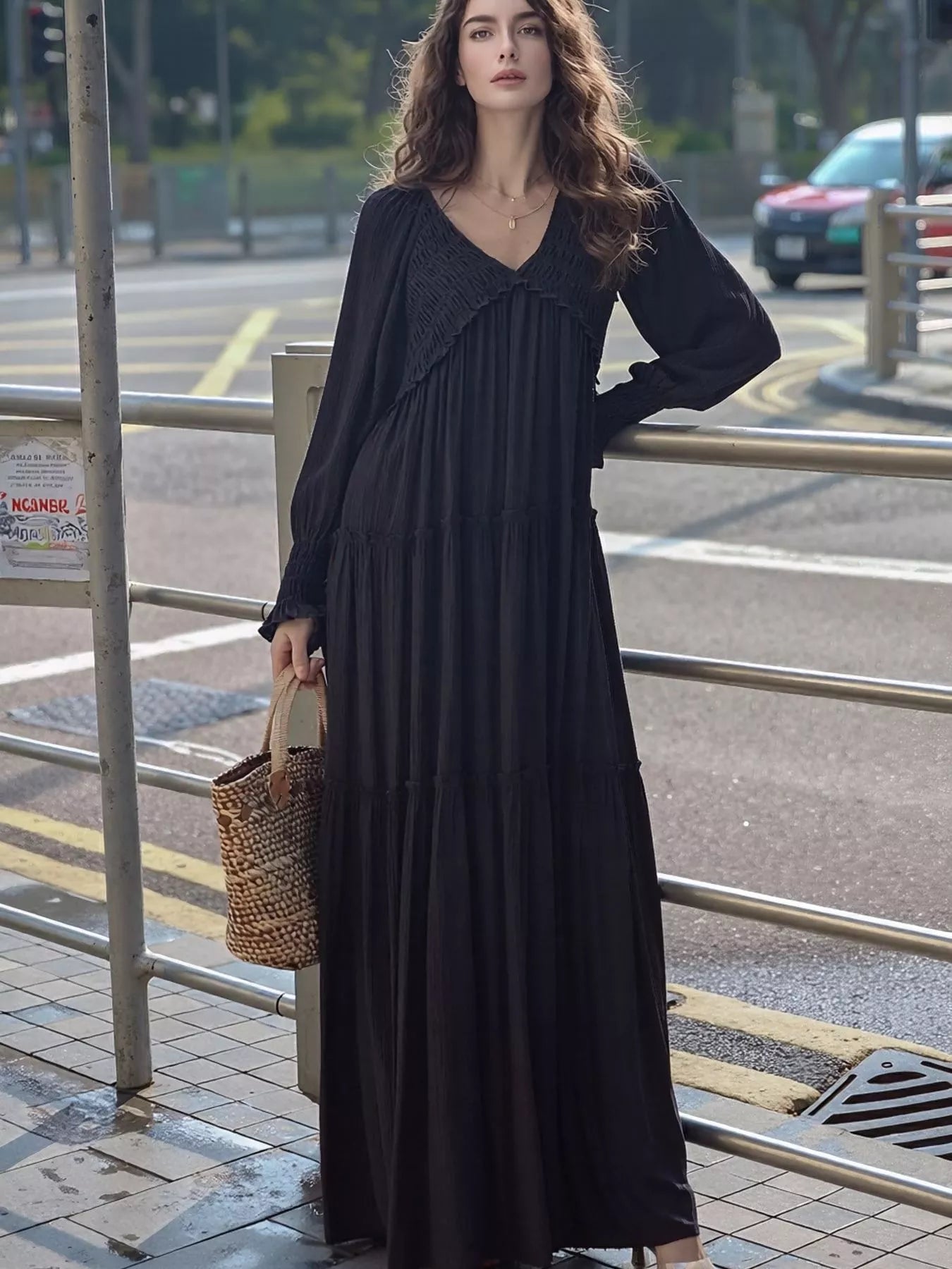 Hazel Blues® | V-Neck Long Sleeve Tiered Maxi Dress