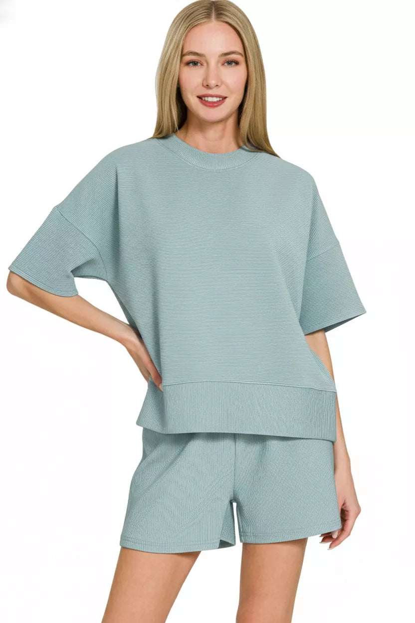 Hazel Blues® | Zenana Ribbed Round Neck Waist Banded Tee & Shorts Set