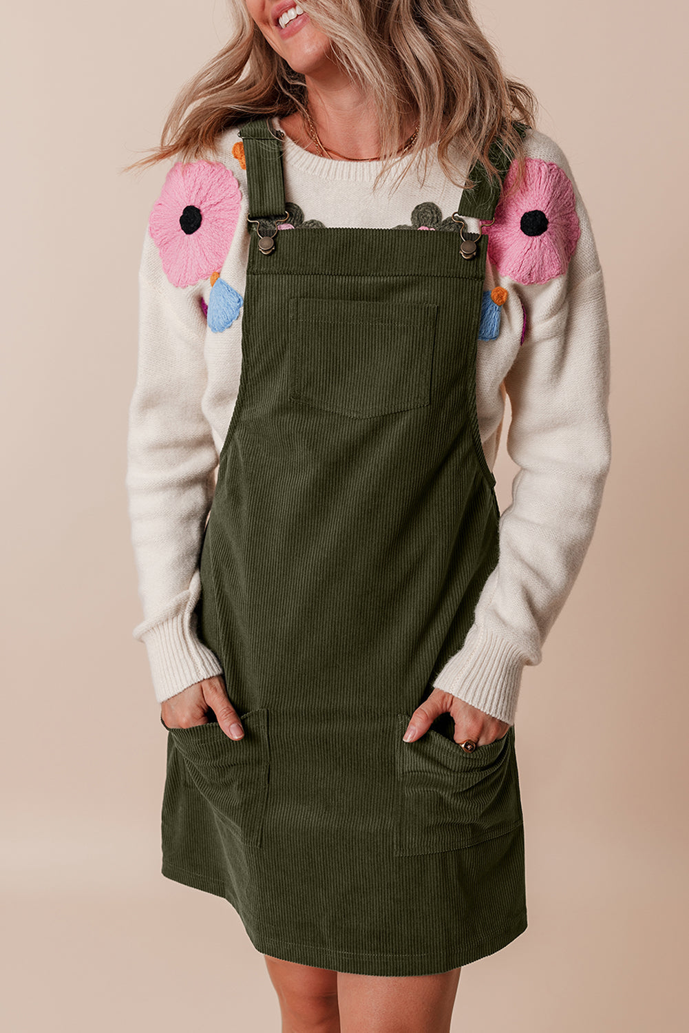 Hazel Blues® | Vineyard Green Solid Front Pockets Sleeveless Corduroy Overall Dress