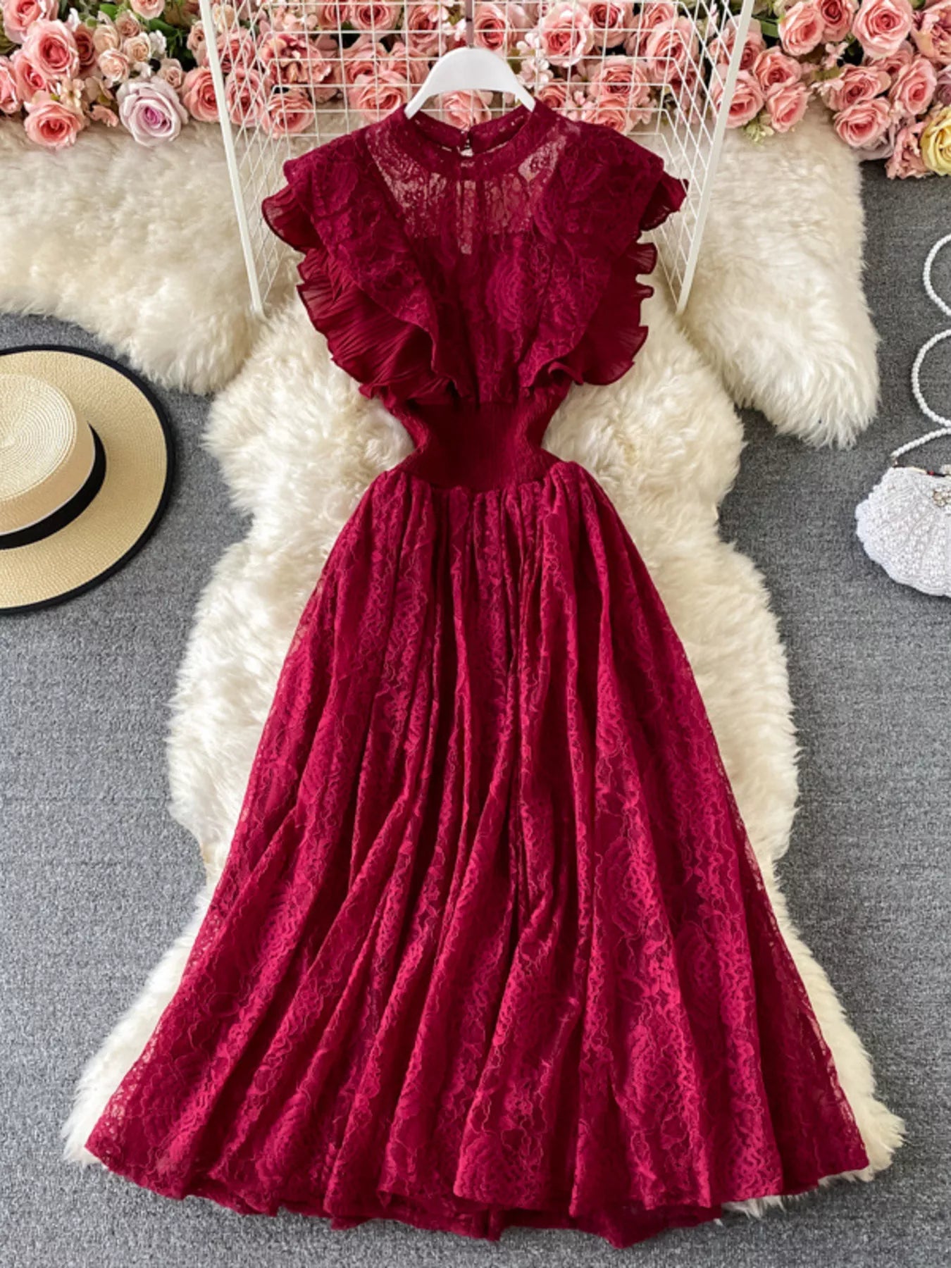 Hazel Blues® | Ruffled Mock Neck Lace Maxi Dress