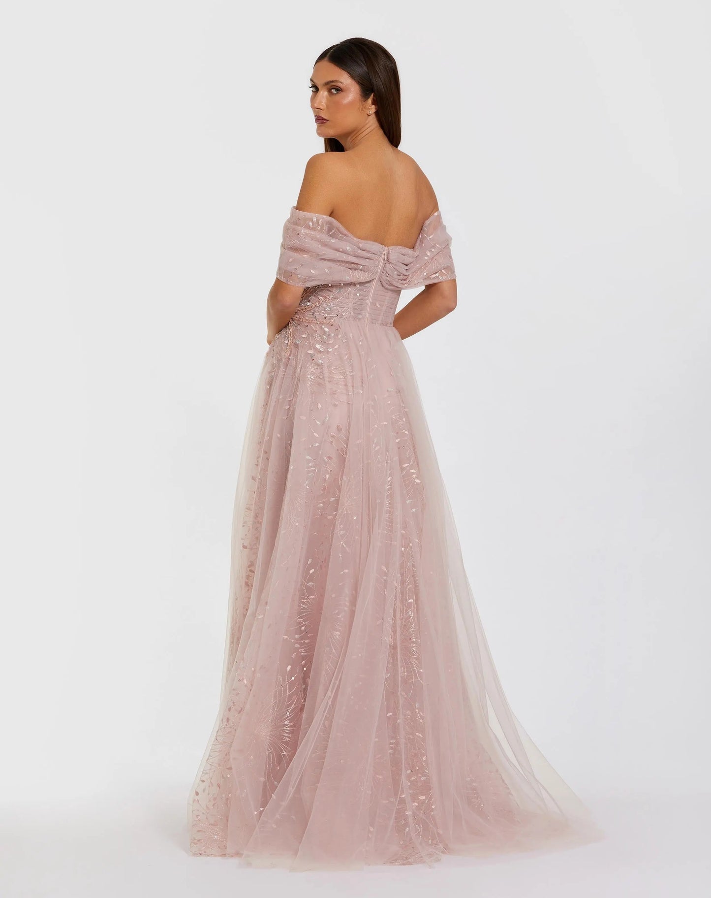 Pink Embroidered Tulle Off The Shoulder Ball Gown