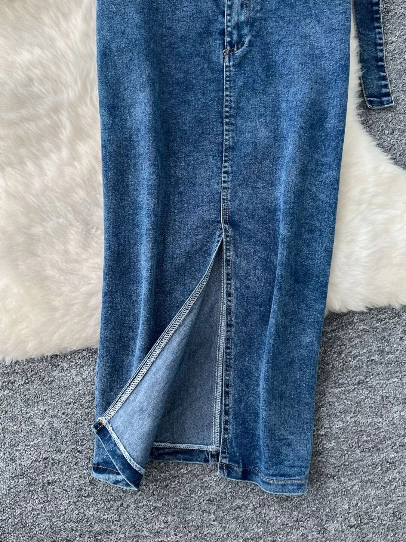 Hazel Blues® | Frayed Denim Patchwork Top & Slit Maxi Skirt Denim Set