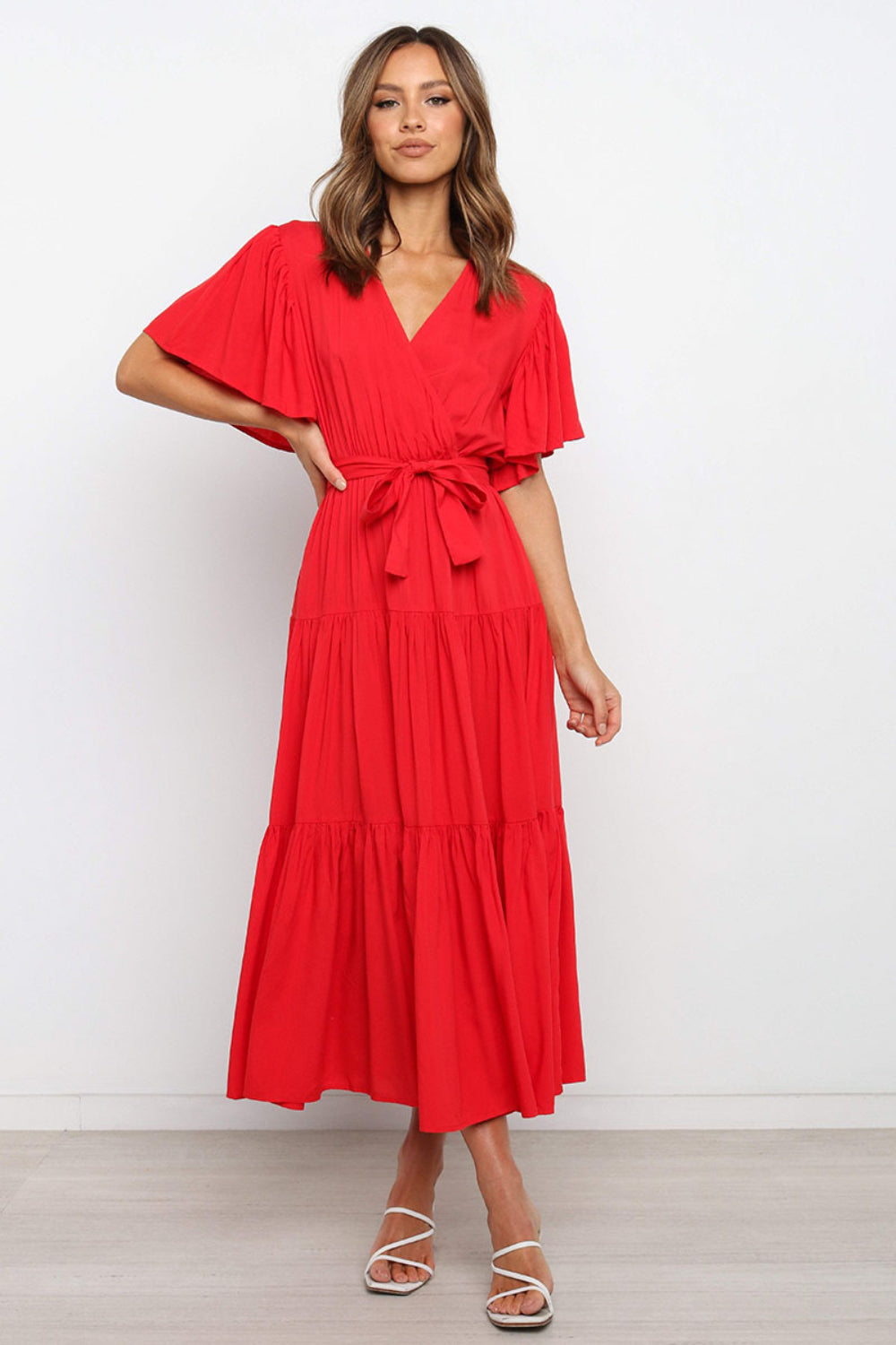 Hazel Blues® | Front Tie Short Sleeve Tiered Midi Dress