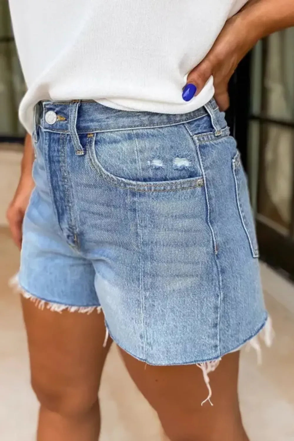 Hazel Blues® | Frayed Hem High-Waisted Denim Shorts