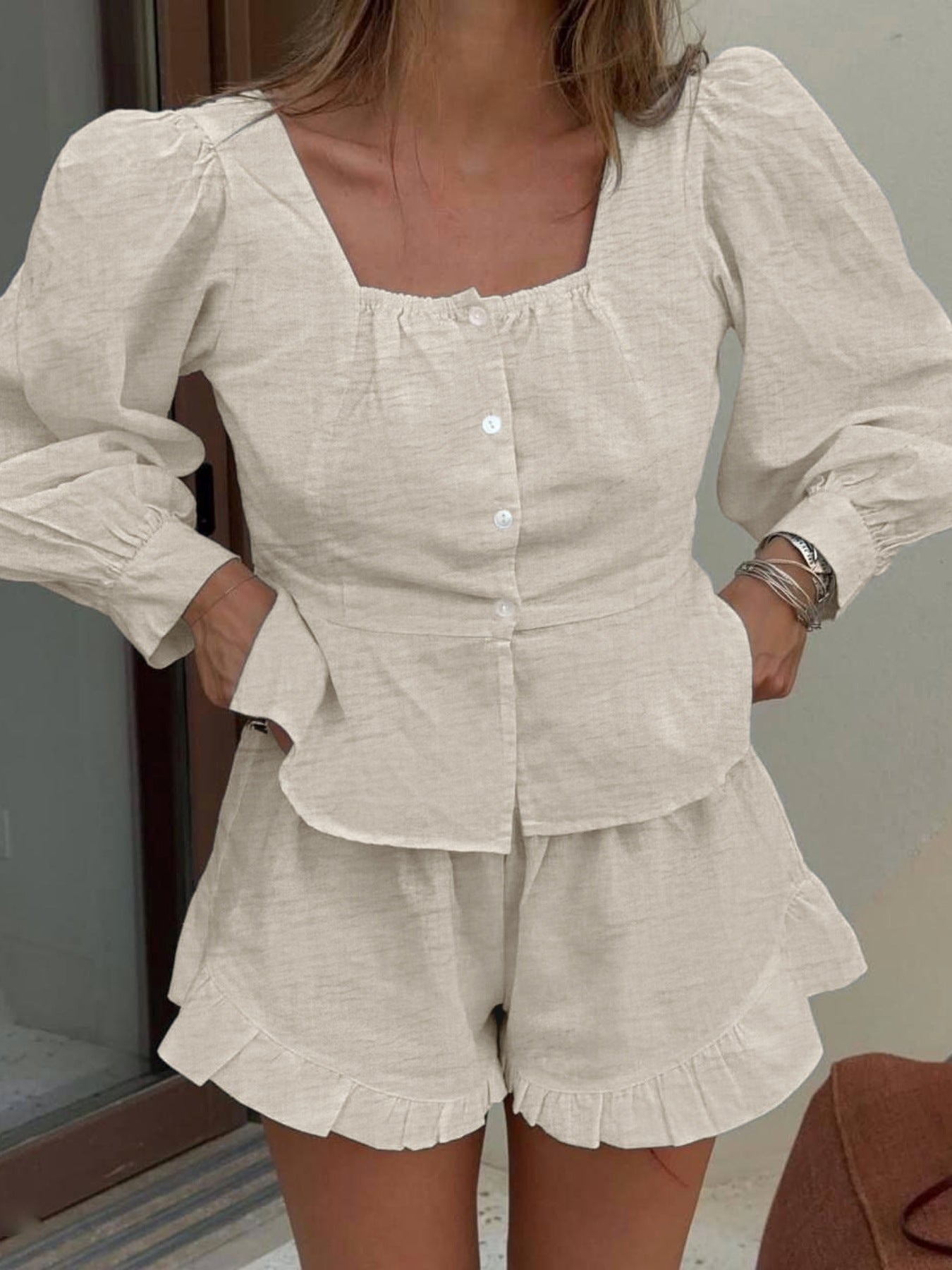 Hazel Blues® | Button Front Lantern Sleeve Top and Shorts Set
