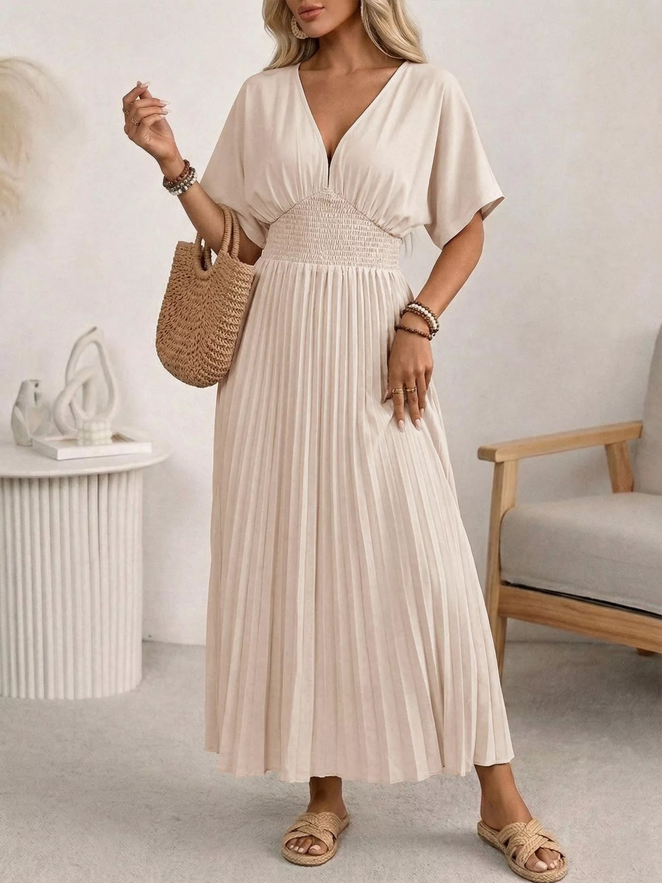 Hazel Blues® | Pleated V-Neck Midi Dress