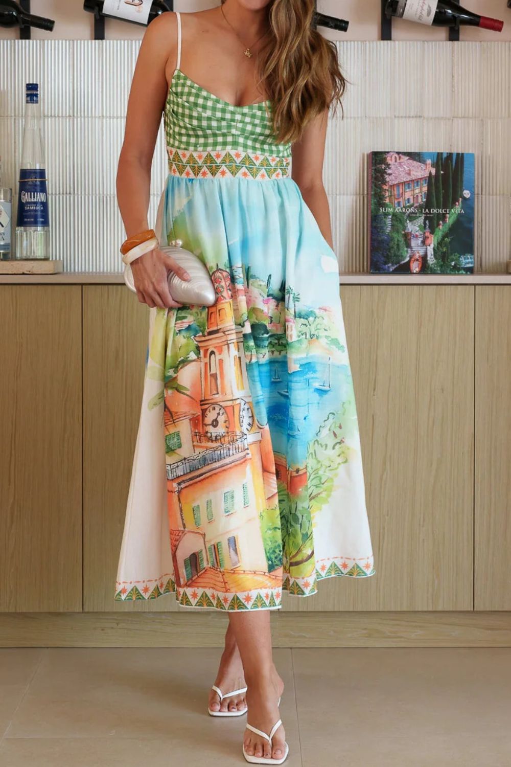 Hazel Blues® | Gingham Bodice Scenic Print Midi Dress