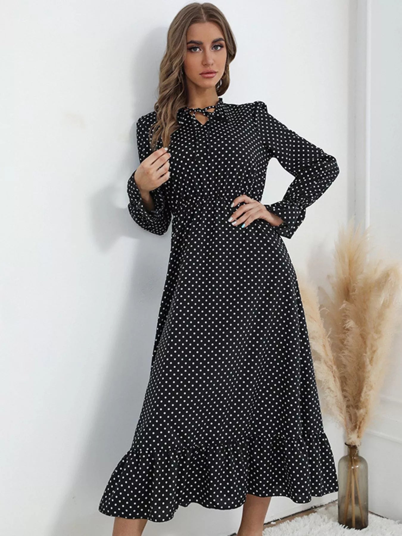 Hazel Blues® | Polka Dot Ruffle Hem Midi Dress