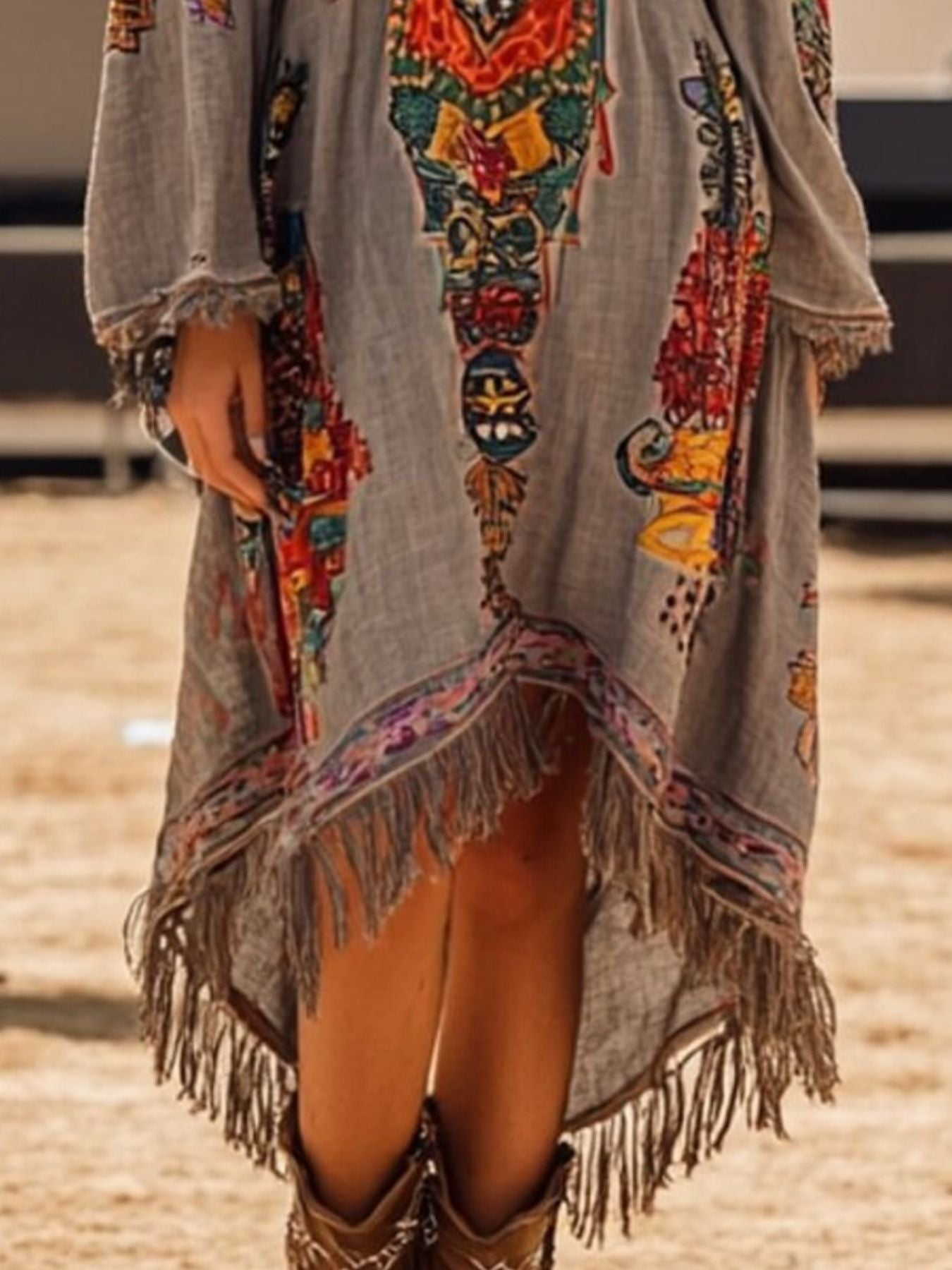 Hazel Blues® | Fringe Hem Notched Long Sleeve Dress