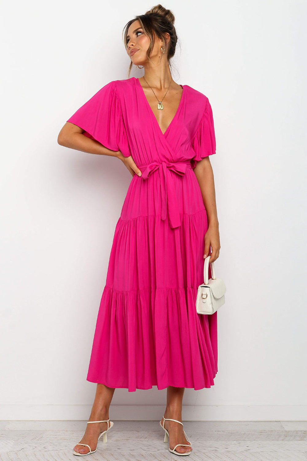 Hazel Blues® | Tied Tiered Short Sleeve Midi Dress