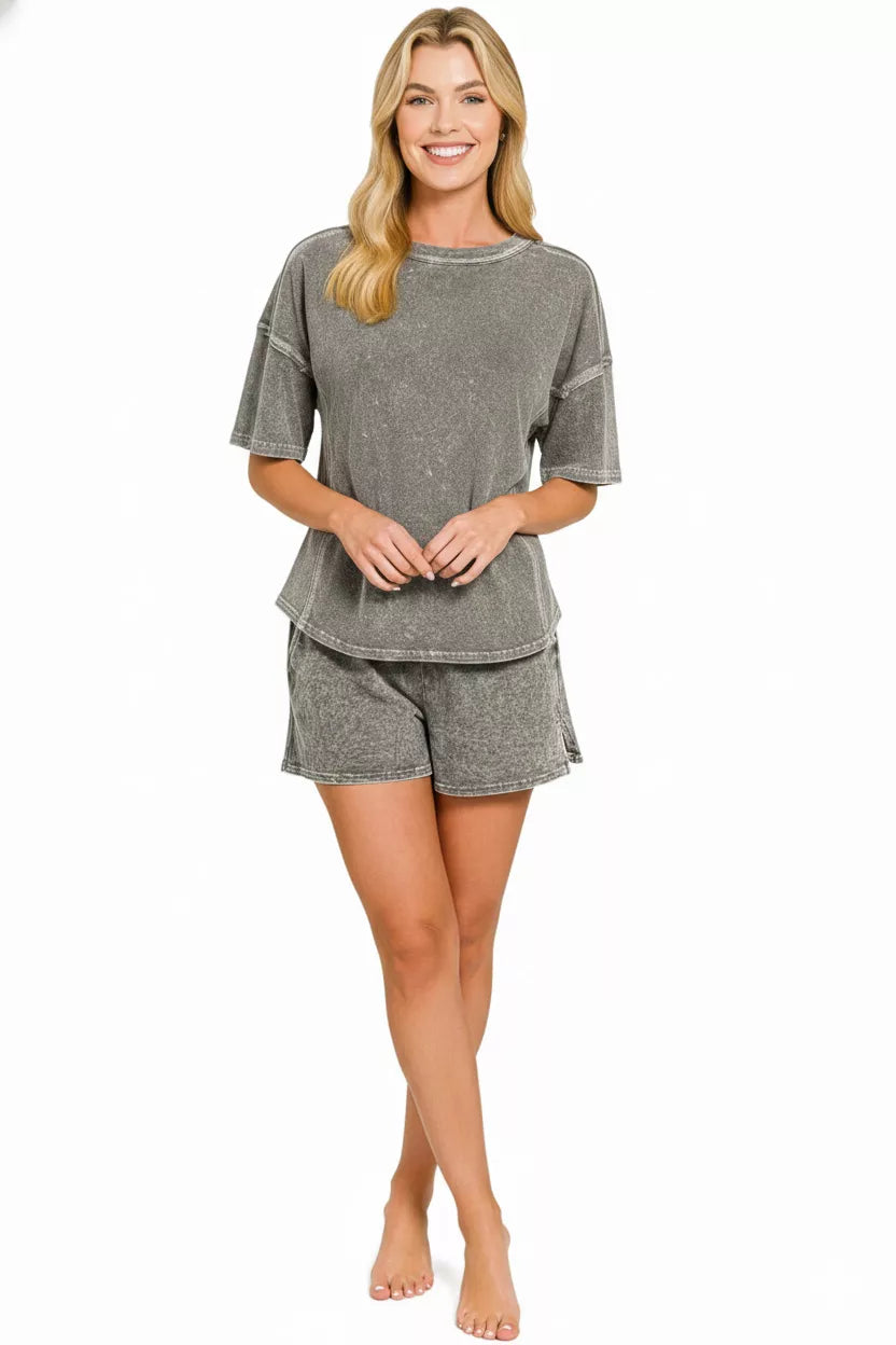 Hazel Blues® | Zenana Halo Snow Washed Short Sleeve Tee and Shorts Set