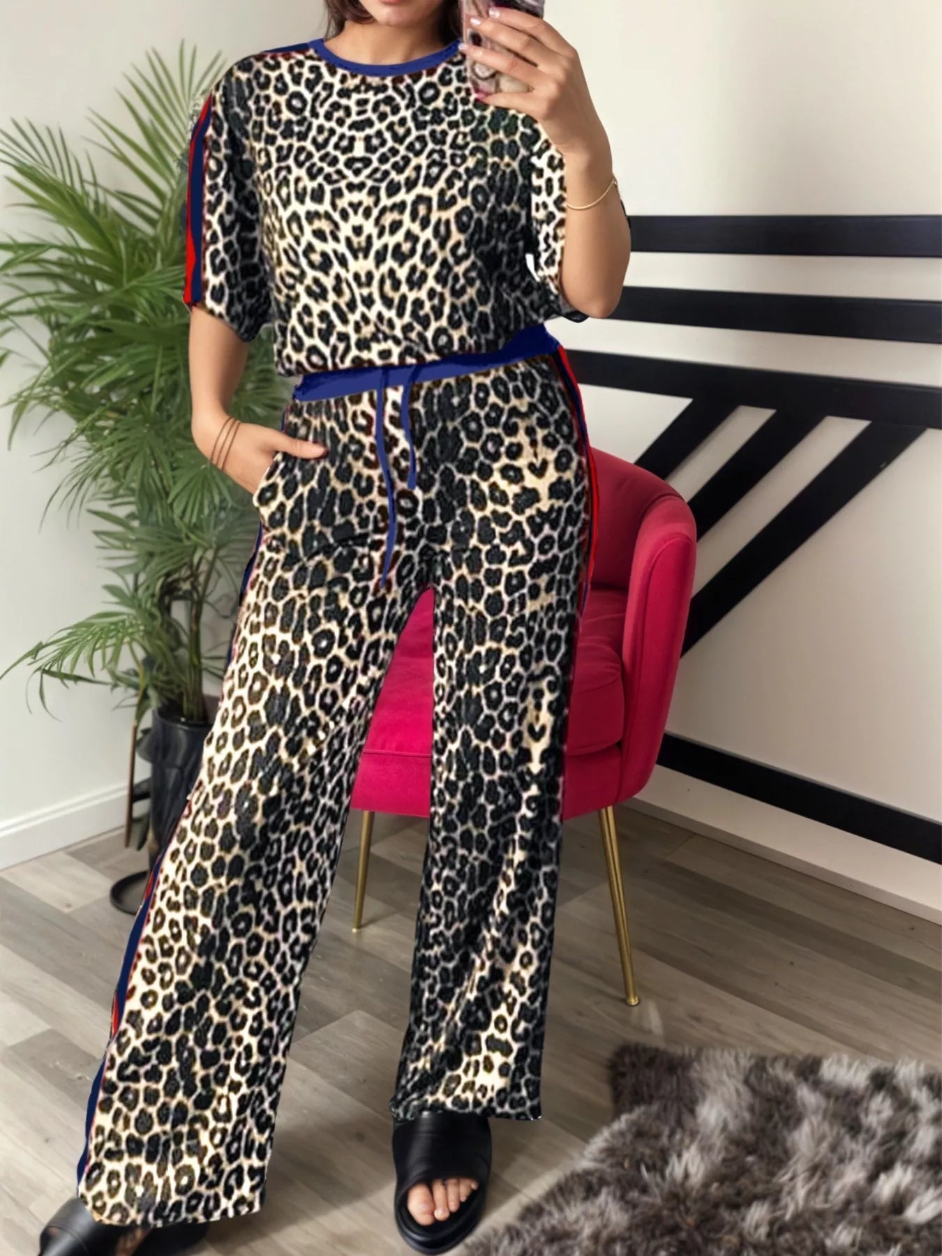 Hazel Blues® | Leopard Round Neck Top and Pants Two-Piece Set