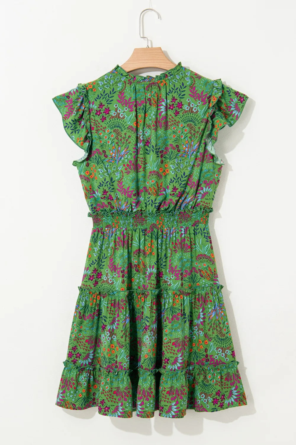 Hazel Blues® | Floral Tie Split Neck Frilly Ruffle Trim Tiered Short Dress