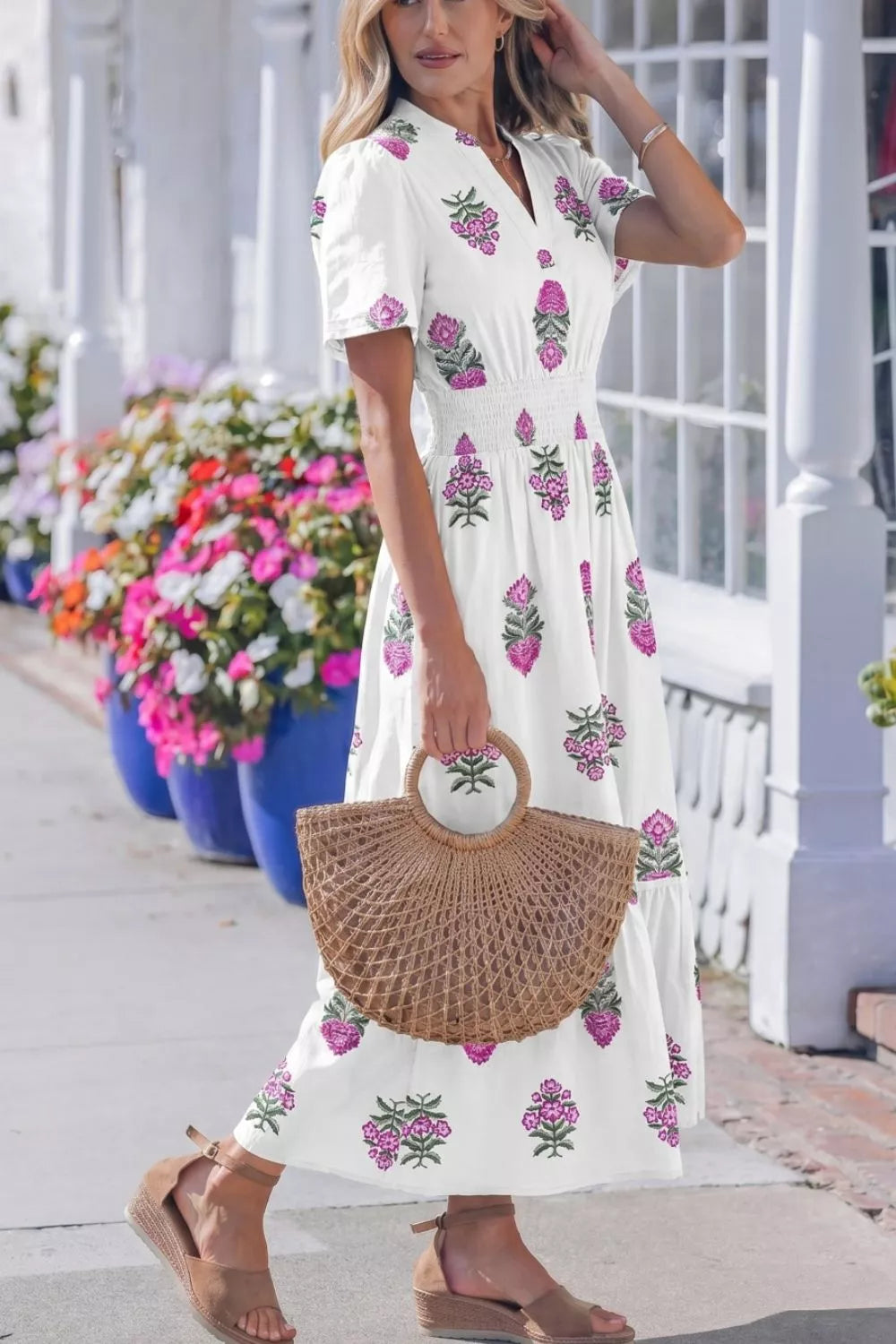 Hazel Blues® | Floral Print Split Neck Shirred High Waist Ruffle Hem Midi Dress