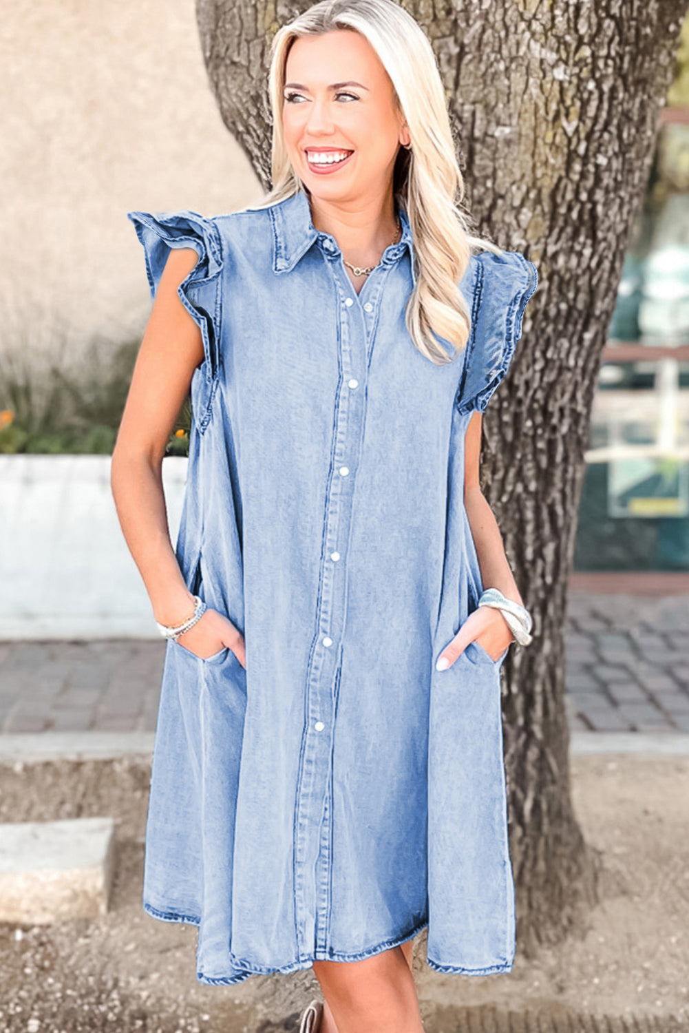 Hazel Blues® | Beau Blue Double Ruffled Sleeves Buttoned A-line Collared Mini Denim Dress