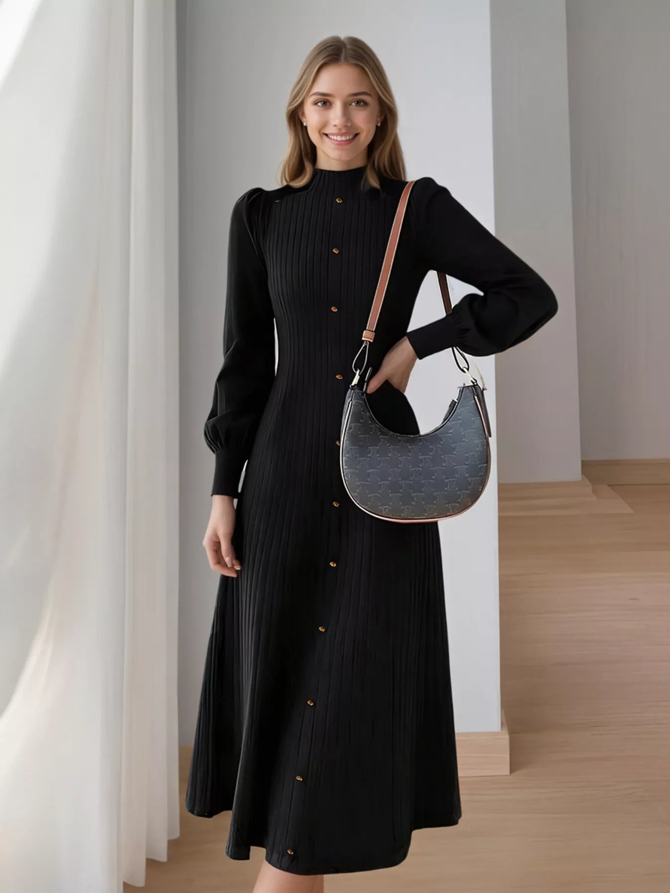 Hazel Blues® | Ribbed Knit Mock Neck Midi Dress