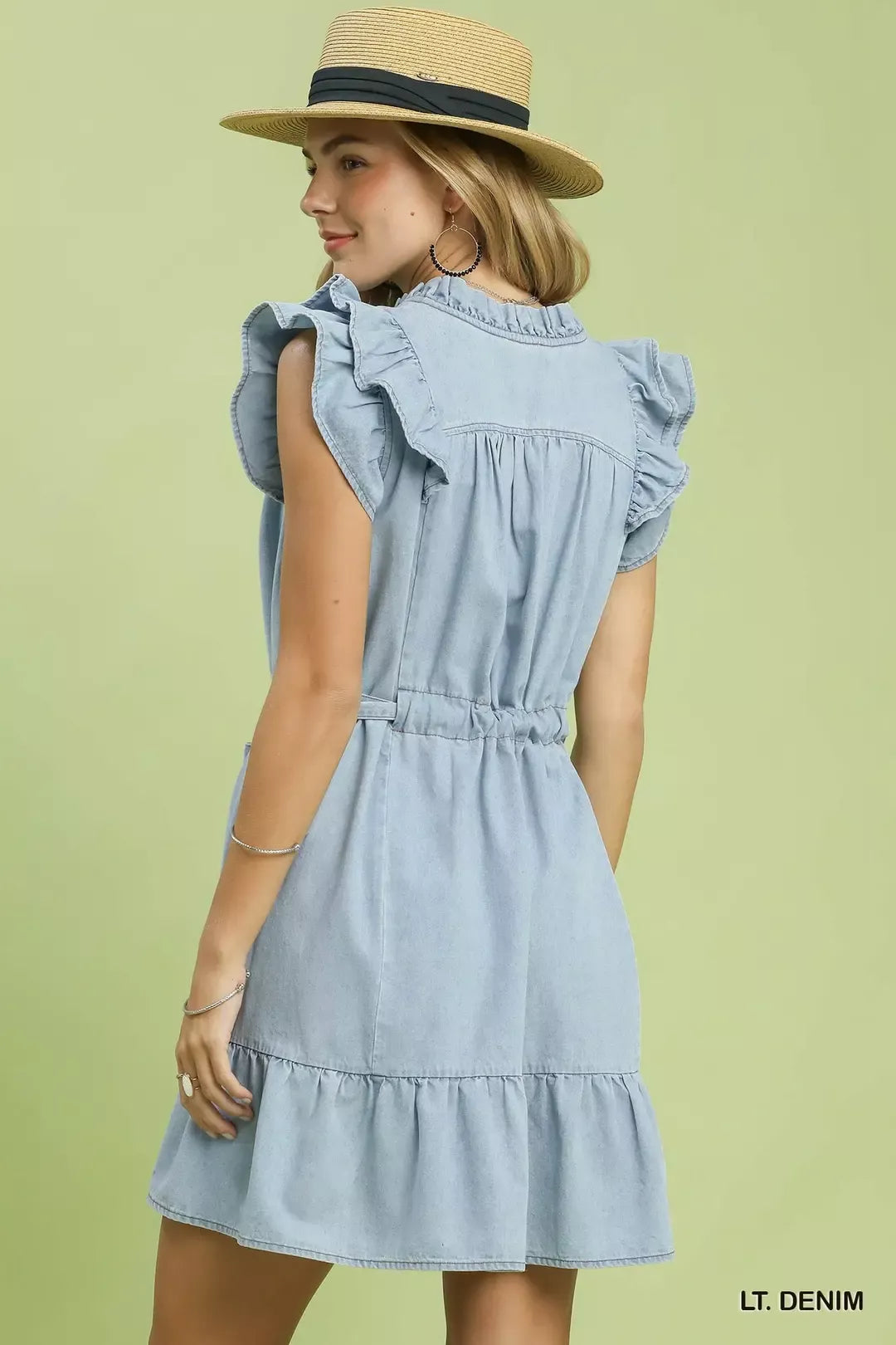 Hazel Blues® | Umgee Chambray Ruffled Denim Dress with Side Pockets