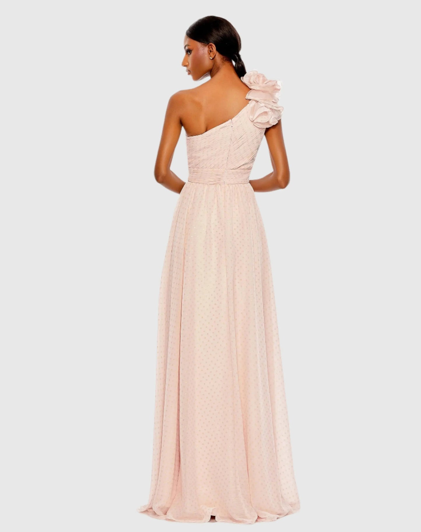 Pink One Shoulder Polka Dot Chiffon Gown With Ruffle Detail