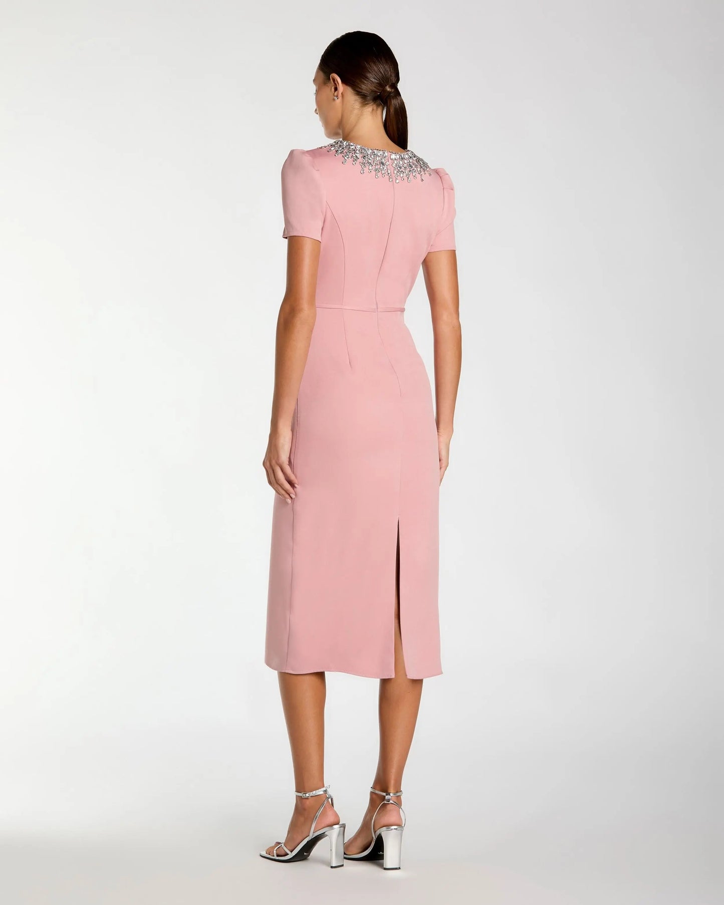 Pink Short Sleeve Rhinestone Neckline Sheath Dress