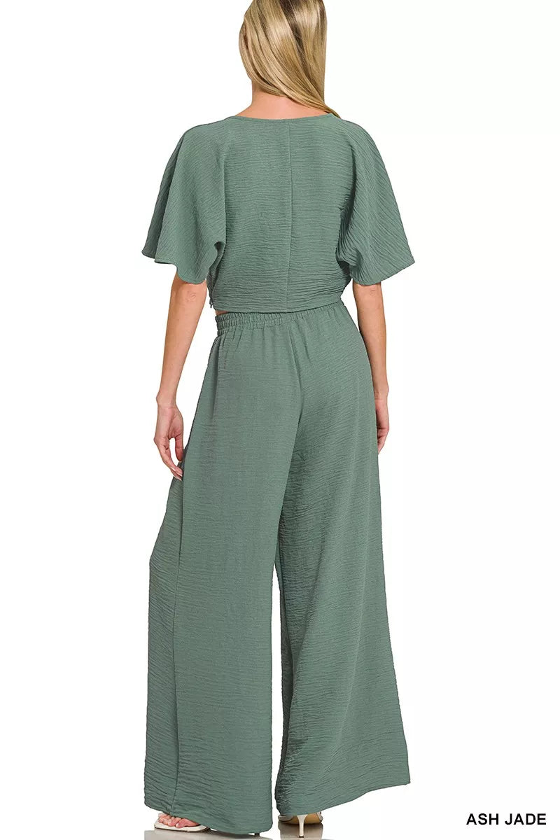 Hazel Blues® | Zenana Woven Airflow Twisted Top & Wide Leg Pants Set