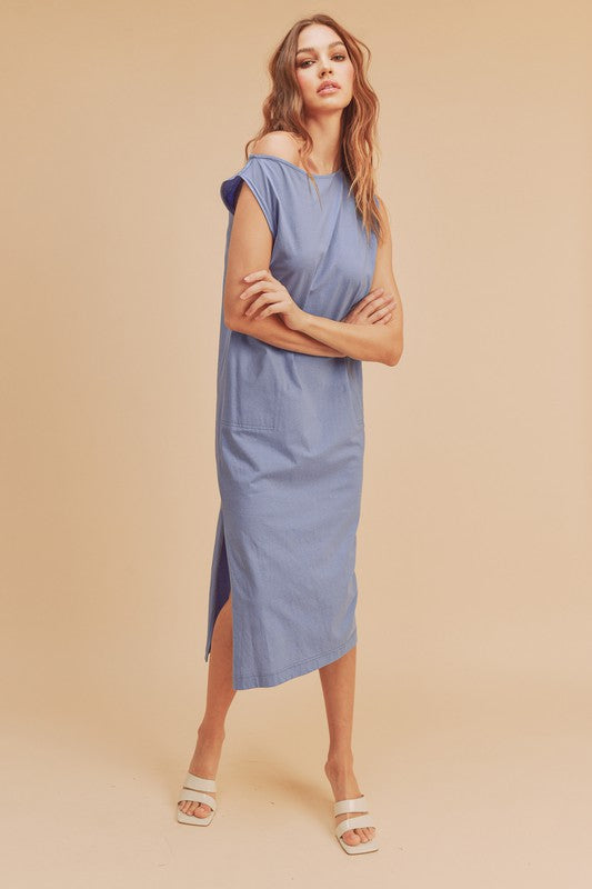 Hazel Blues® | Aemi + Co Side Slit Round Neck Sleeveless Midi Dress