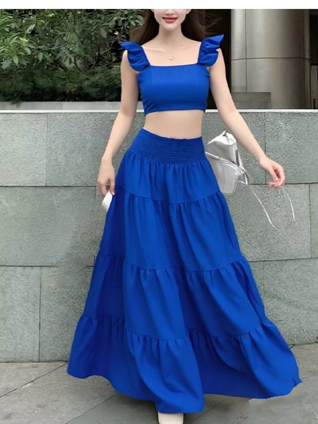 Hazel Blues® | Crop Top and Tiered Maxi Skirt Set