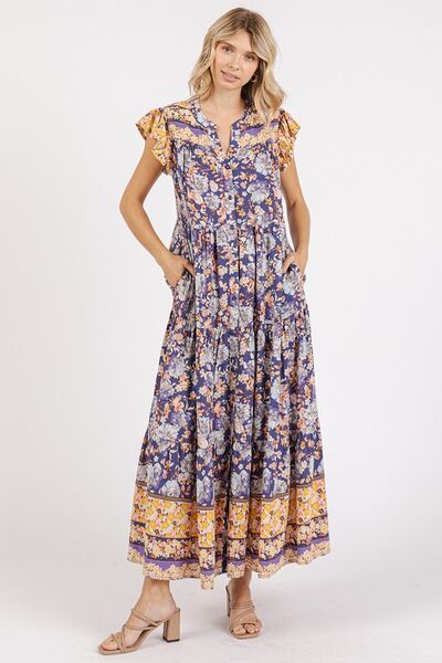 Hazel Blues® | Mittoshop Floral Ruffled Notched Cap Sleeve Maxi Dress