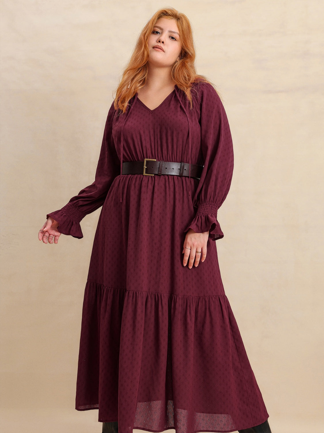 Hazel Blues® | Swiss Dot Tie Neck Flounce Sleeve Maxi Dress