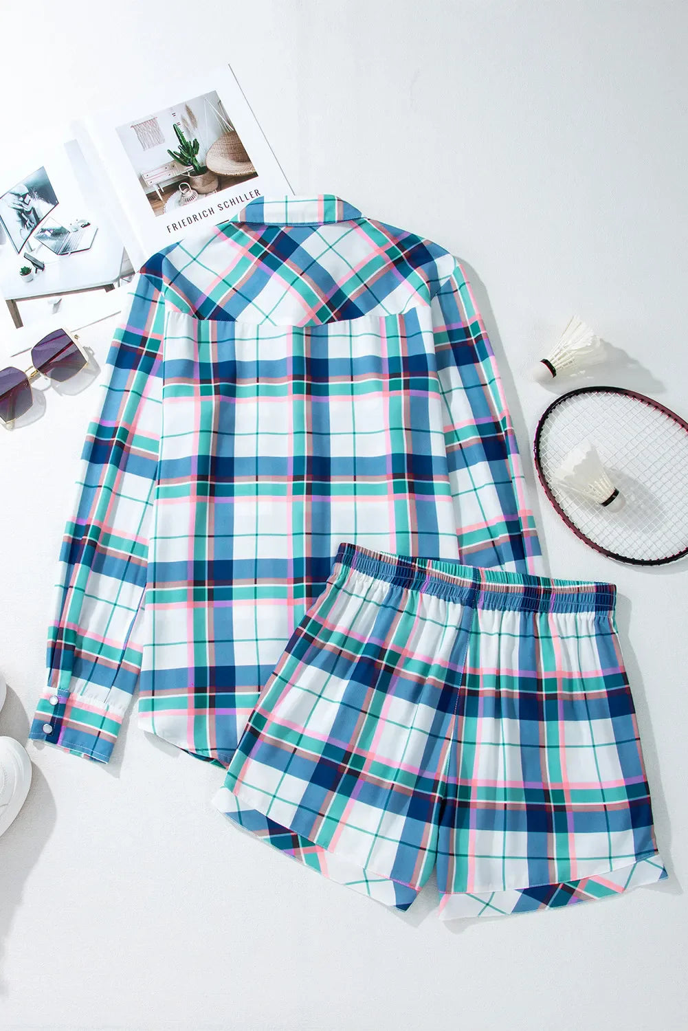 Hazel Blues® | Plaid Snap Down Long Sleeve Top and Shorts Lounge Set