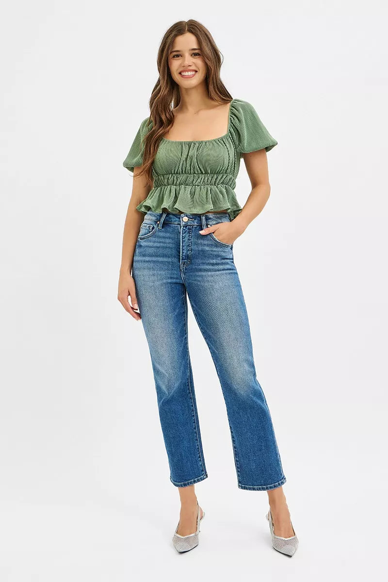 Hazel Blues® | RISEN Tummy Control High Rise Crop Straight Jeans