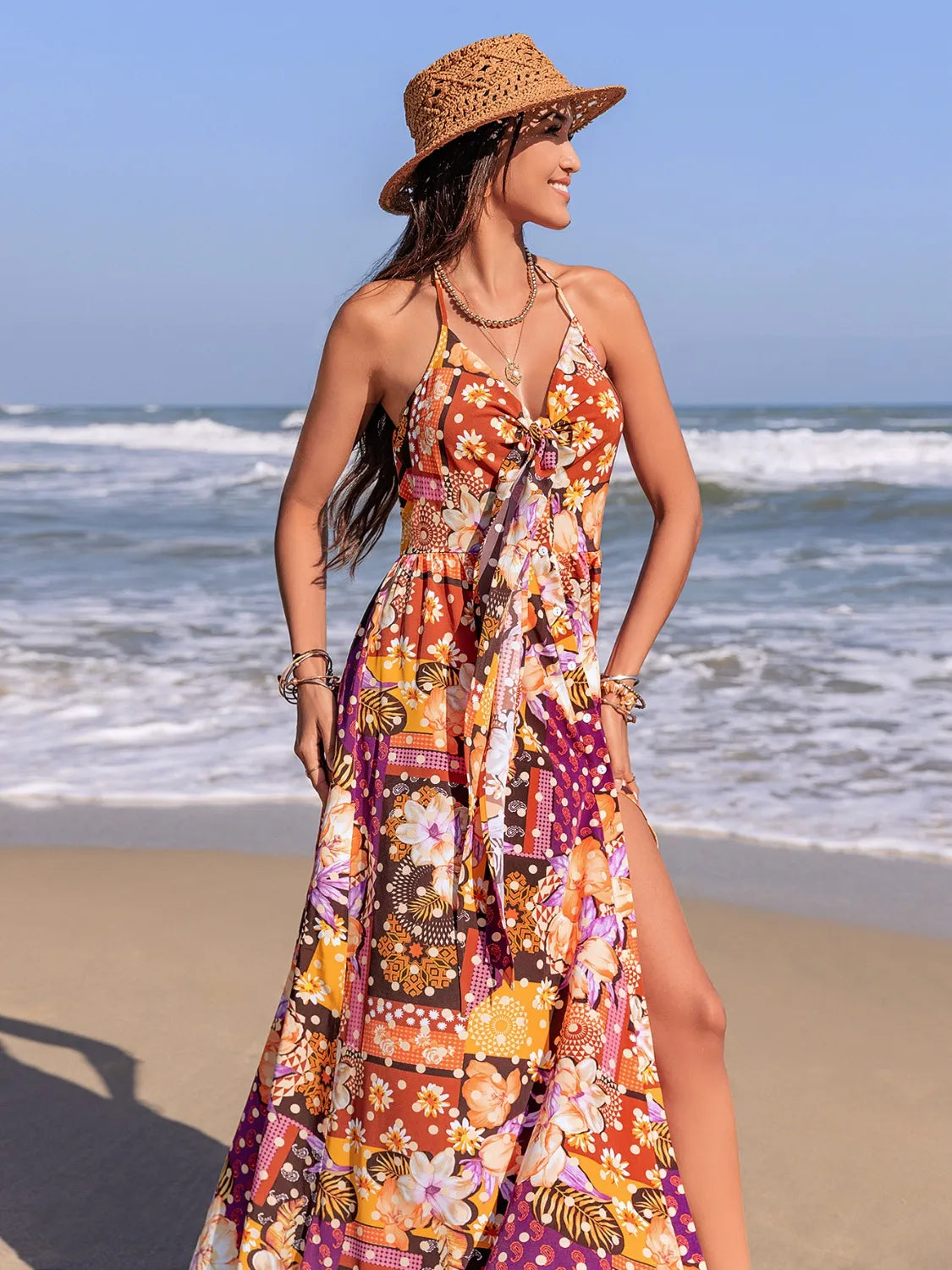 Hazel Blues® | Slit Printed Halter Neck Cami Dress