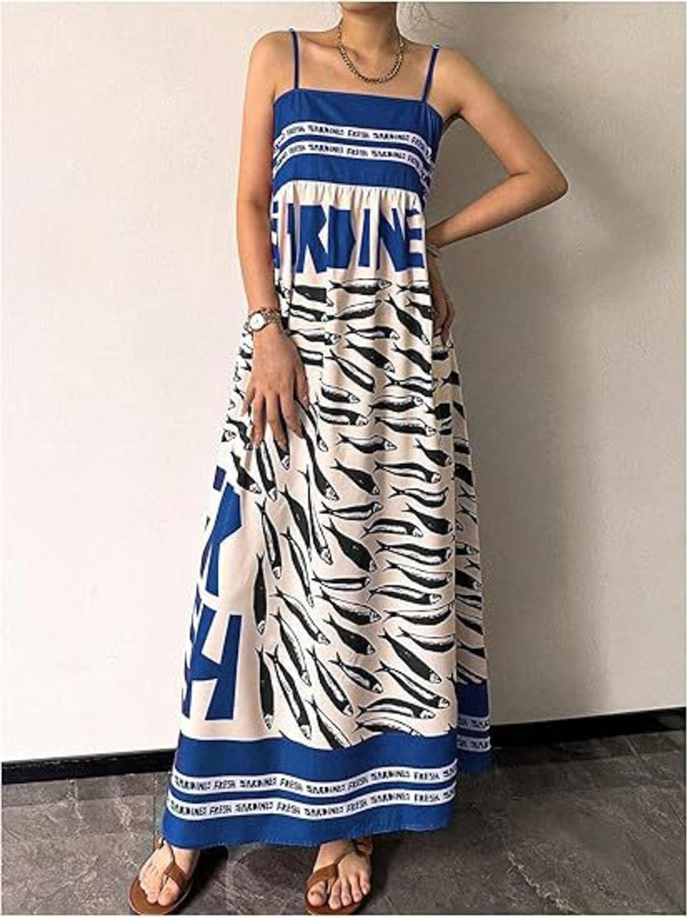 Hazel Blues® | Sardine Print Spaghetti Strap Maxi Dress