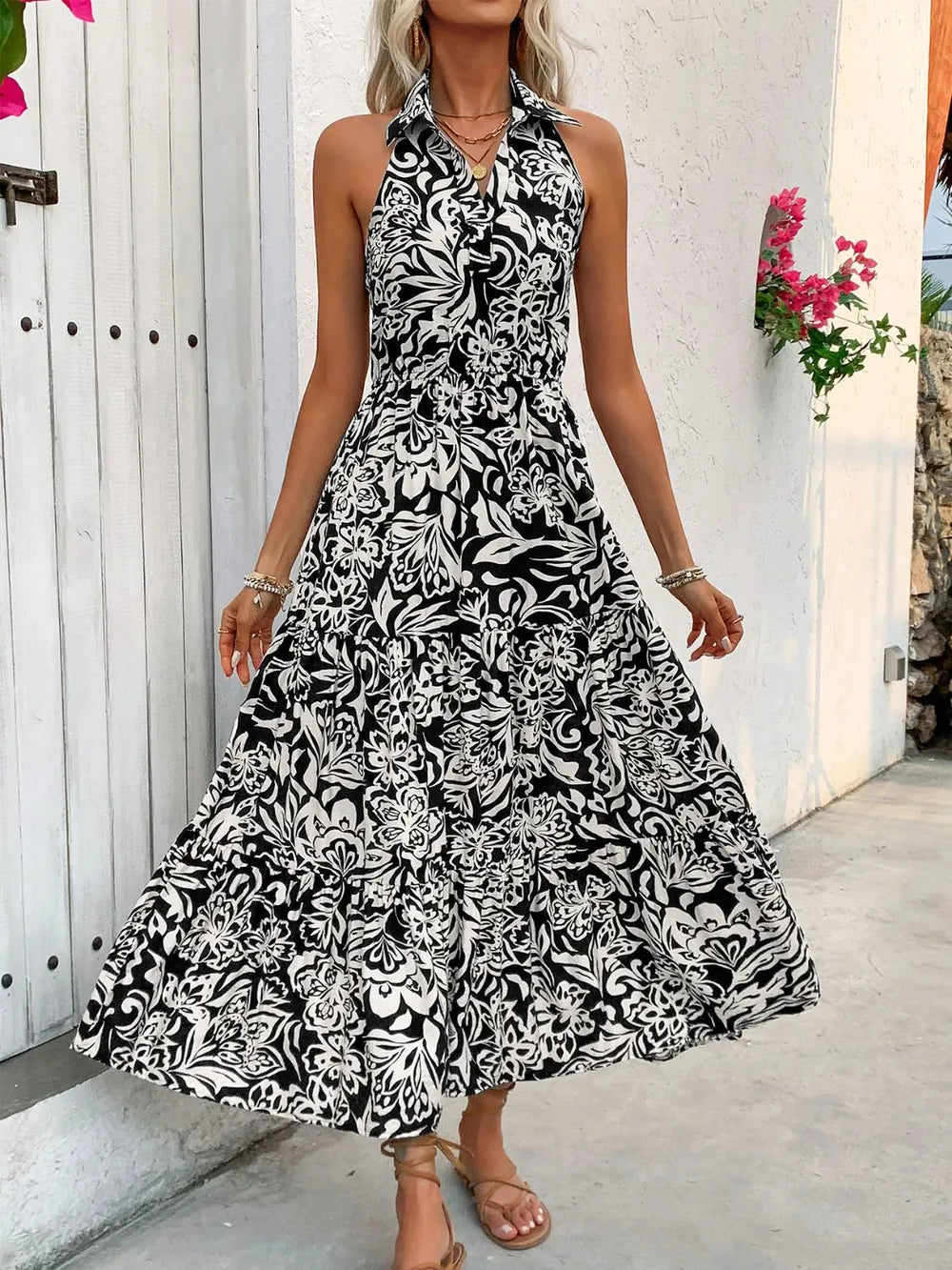 Hazel Blues® | Perfee Backless Smocked Printed Sleeveless Midi Dress
